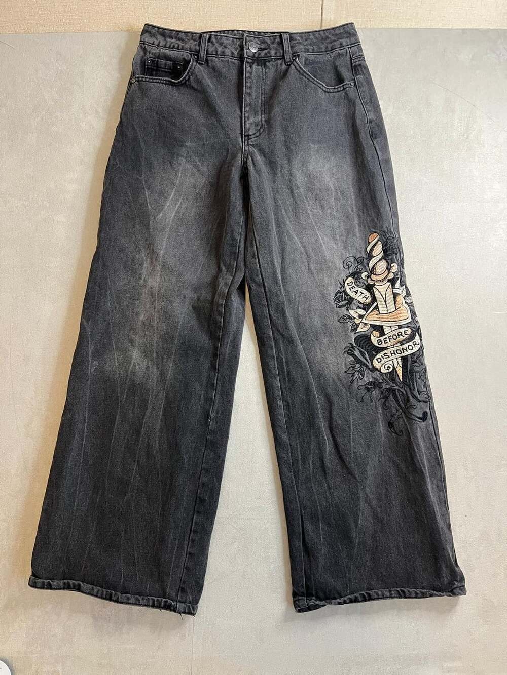 Ed Hardy Death Before Dishonor Wide Leg Jeans Grey